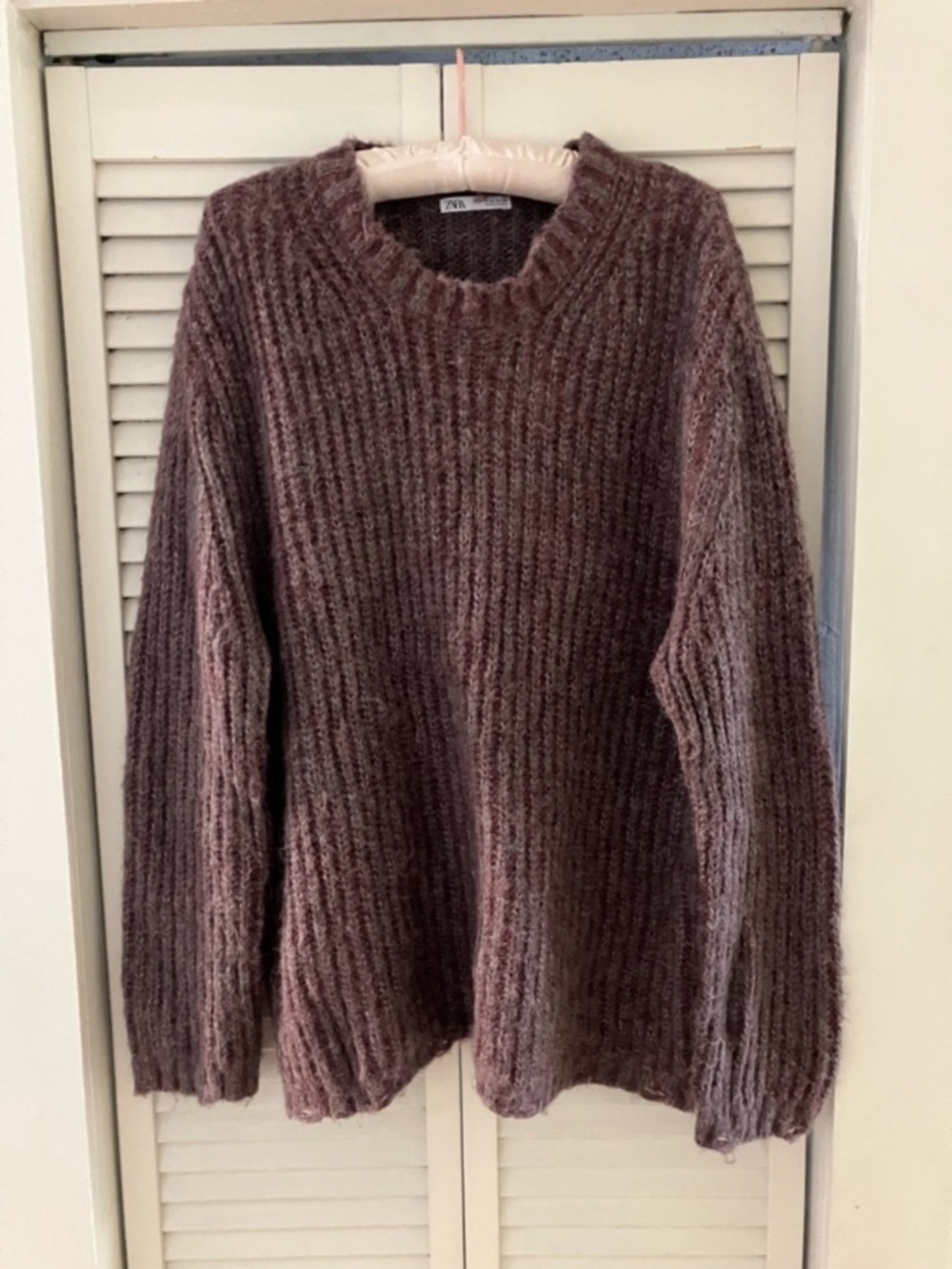 Zara Purple Distressed Wool Blend Fisherman Crewneck Sweater Medium